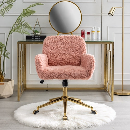 Bürostuhl mit Kunstfell-Bezug in Pink, goldene Basis – Nestora