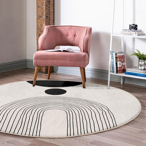 Abstrakter Rundteppich, minimalistischer Wohnteppich, runder Teppich fürs Wohnzimmer