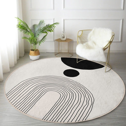 Abstrakter Rundteppich, minimalistischer Wohnteppich, runder Teppich fürs Wohnzimmer